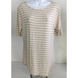 Olivia Blu Top Women Size XL White Tan Stripe Short Sleeves Round Neckline